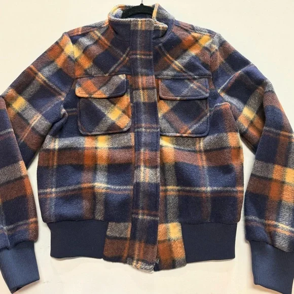 Marled Blue and Orange Plaid Bomber Jacket - Picture 1 of 7